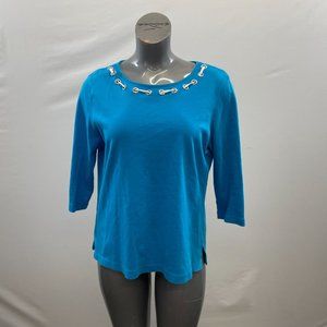 C.B. Casual Top Women's Size XL Blue Cotton 3/4 Sleeve Round Neck Shirt